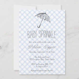 003 Cobalt Modern Umbrella Baby Sprinkle Gingham Invitation