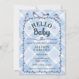 003 Cobalt Watercolor Gingham Birds Baby Shower Invitation