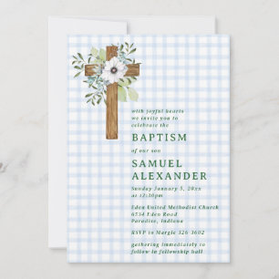 003 Coblalt Rustic Greenery Wooden Cross Baptism Invitation