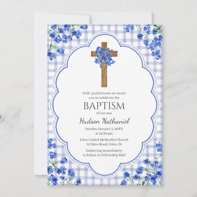 004 Indigo Blossom Rustic Cross Design Baptism Invitation (Front)