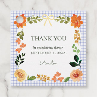 004 Indigo Blue Floral Gingham Baby Shower Favour Tags