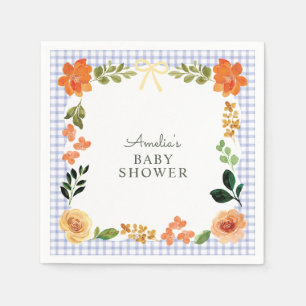 004 Indigo Blue Floral Gingham Baby Shower Napkin