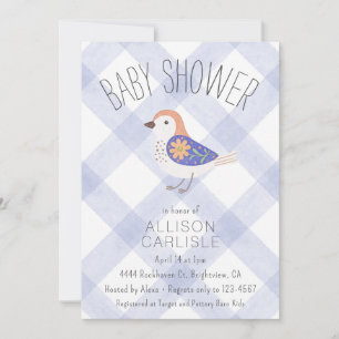 004 Indigo Cute Floral Bird Gingham Baby Shower Invitation