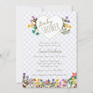 004 Indigo Gingham Garden Heart Floral Baby Shower Invitation