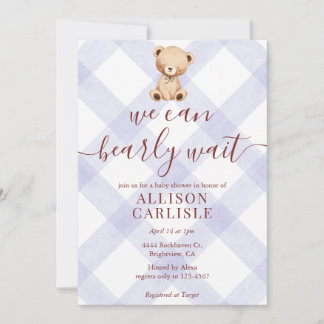 005 Iris Lavender Teddy Bear Gingham Baby Shower Invitation