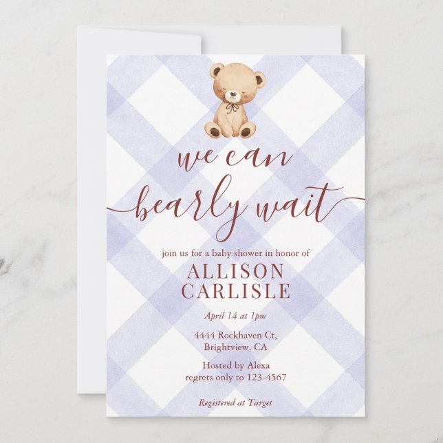 005 Iris Lavender Teddy Bear Gingham Baby Shower Invitation (Front)