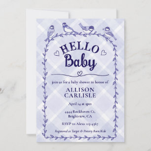 005 Iris Watercolor Gingham Birds Baby Shower Invitation