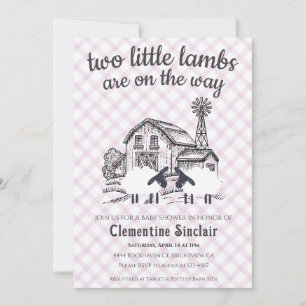 006 Wine Purple 2 Little Lambs Gingham Baby Shower Invitation