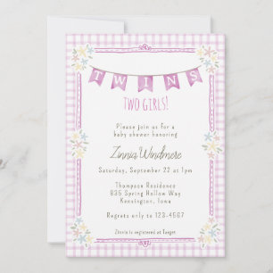 006 Wine Purple Gingham Floral Twins Baby Shower Invitation