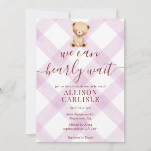006 Wine Purple Teddy Bear Gingham Baby Shower Invitation