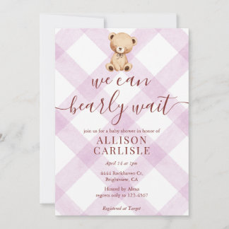006 Wine Purple Teddy Bear Gingham Baby Shower Invitation