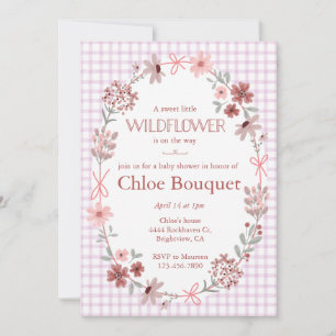 006 Wine Purple Wildflower Bow Gingham Baby Shower Invitation