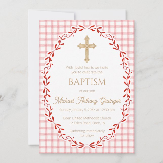 007 Red Botanical Vine Ornate Cross Baptism Invitation (Front)