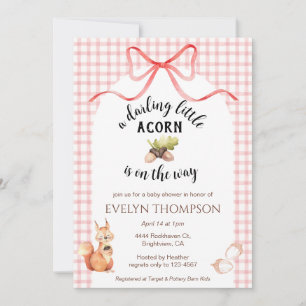 007 Red Cute Squirrel Acorn Gingham Baby Shower Invitation