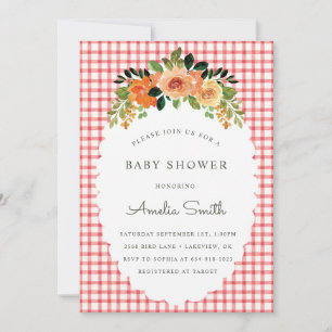007 Red Floral Gingham Baby Shower Invitations