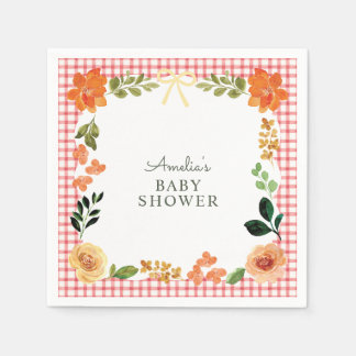 007 Red Floral Gingham Baby Shower Napkin