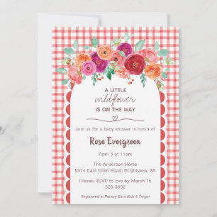 007 Red Gingham Watercolor Wildflower Baby Shower Invitation