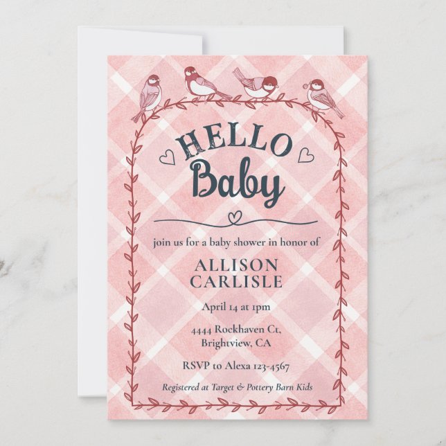 007 Red Watercolor Gingham Birds Baby Shower Invitation (Front)