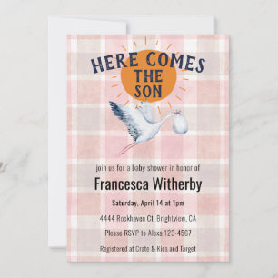 007 Red Watercolor Plaid Stork Boho Baby Shower Invitation