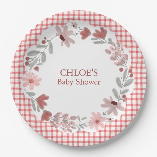 007 Red Wildflower Bow Frame Gingham Paper Plate (Front)