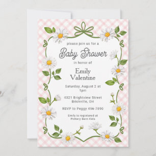 008 Blush Pink Floral Daisy Plaid Baby Shower Invitation