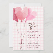 008 Blush Pink Heart Balloon Gingham Baby Shower