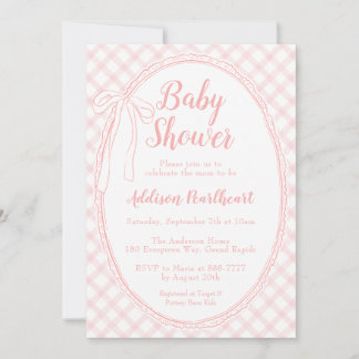 008 Blush Pink Heirloom Lace Gingham Baby Shower Invitation