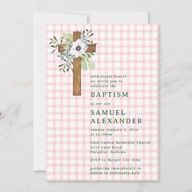 008 Blush Rustic Greenery Wooden Cross Baptism Invitation (Front)