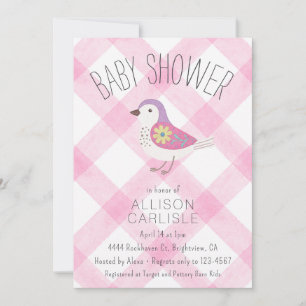 009 Fuchsia Cute Floral Bird Gingham Baby Shower Invitation