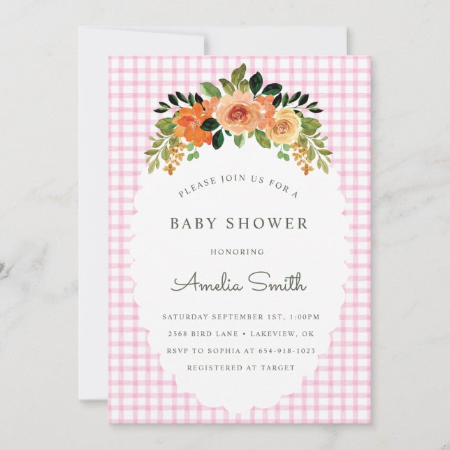 009 Fuchsia Floral Gingham Baby Shower Invitations (Front)
