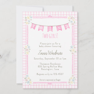 009 Fuchsia Pink Gingham Floral Twins Baby Shower Invitation