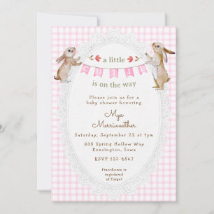 009 Fuchsia Pink Sweet Bunny Gingham Baby Shower Invitation