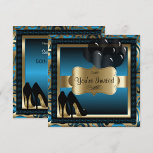 00th Birthday Blue & Gold High Heels Invitation