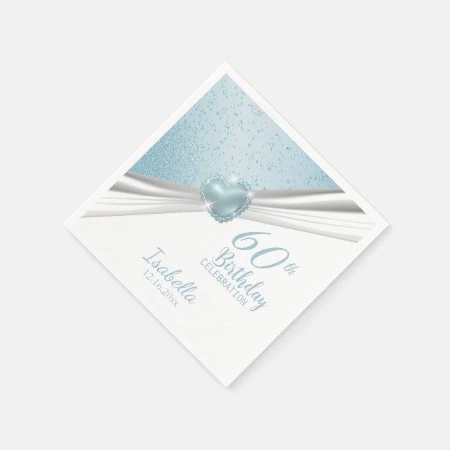 00th Birthday - Blue Heart & White Glitter Napkin (Corner)