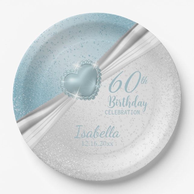 00th Birthday - Blue Heart & White Glitter Paper Plate (Front)