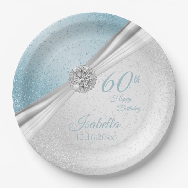 00th Birthday - Blue & White Glitter Paper Plate (Front)