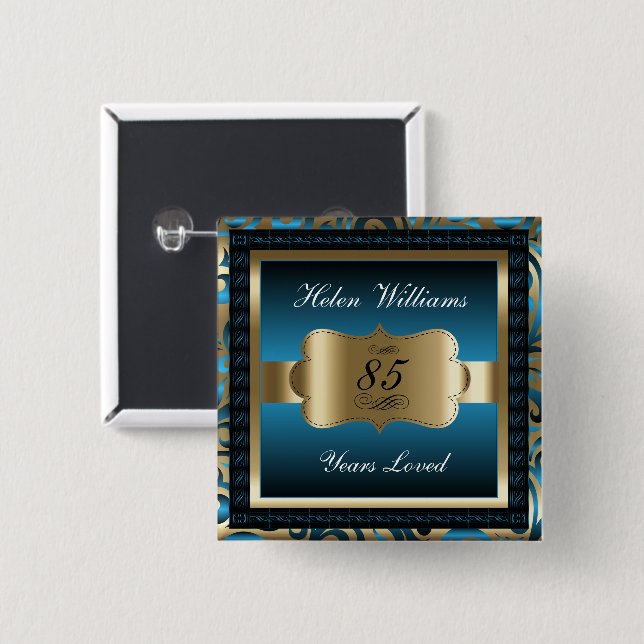 00th Birthday Party | Blue and Gold 2 Inch Square Button (Front & Back)