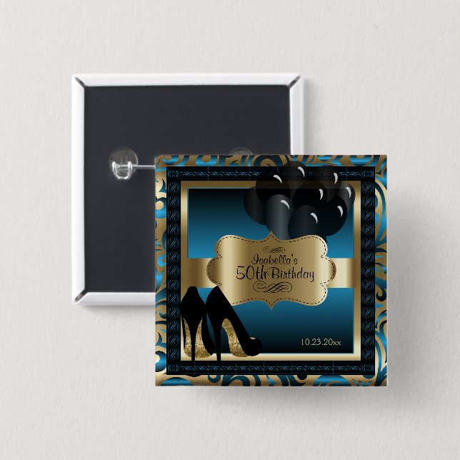 00th Birthday Party | Blue and Gold 2 Inch Square Button (Front & Back)