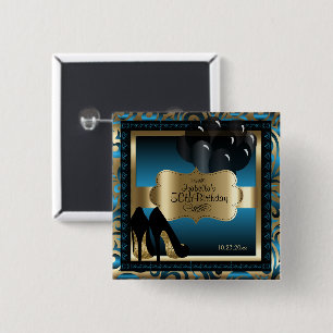 00th Birthday Party   Blue and Gold 2 Inch Square Button