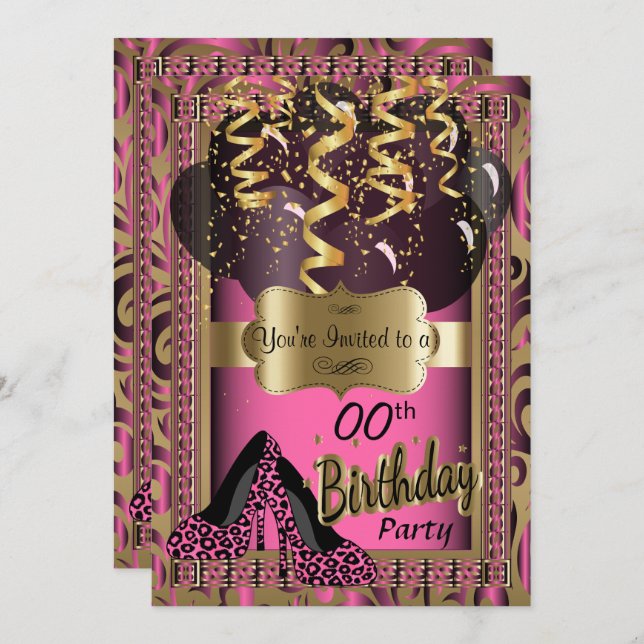 00th Birthday Party | Pink High Heels Leopard Invitation (Front/Back)
