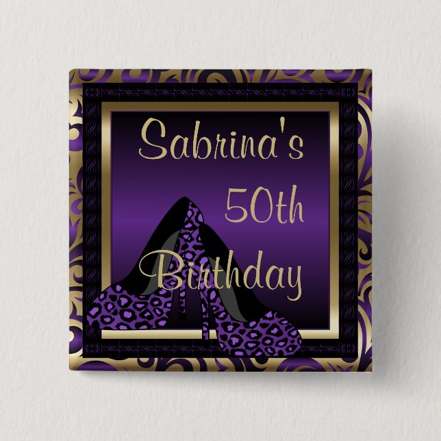 00th Birthday Party | Purple Leopard High Heels 2 Inch Square Button (Front)