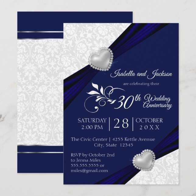 00th Heart Anniversary Design - Navy and White Invitation (Front/Back)