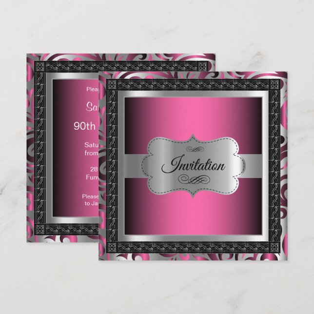 00th Surprise Birthday | Pink Metallic & Silver Invitation (Front/Back)