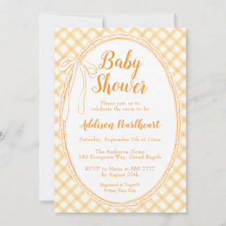 010 Amber Orange Heirloom Lace Gingham Baby Shower Invitation