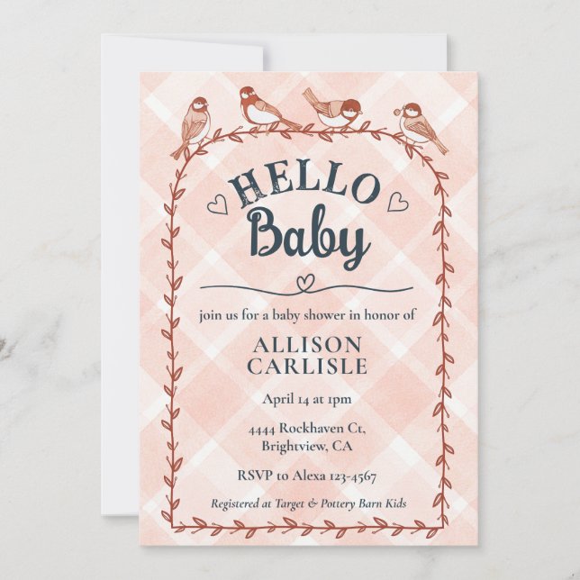 011 Terracotta Watercolor Gingham Bird Baby Shower Invitation (Front)