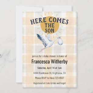 012 Copper 020 Fog Sun Plaid Stork Baby Shower Invitation