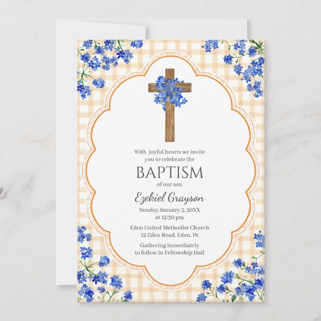 012 Copper Blossom Rustic Cross Design Baptism Invitation (Front)