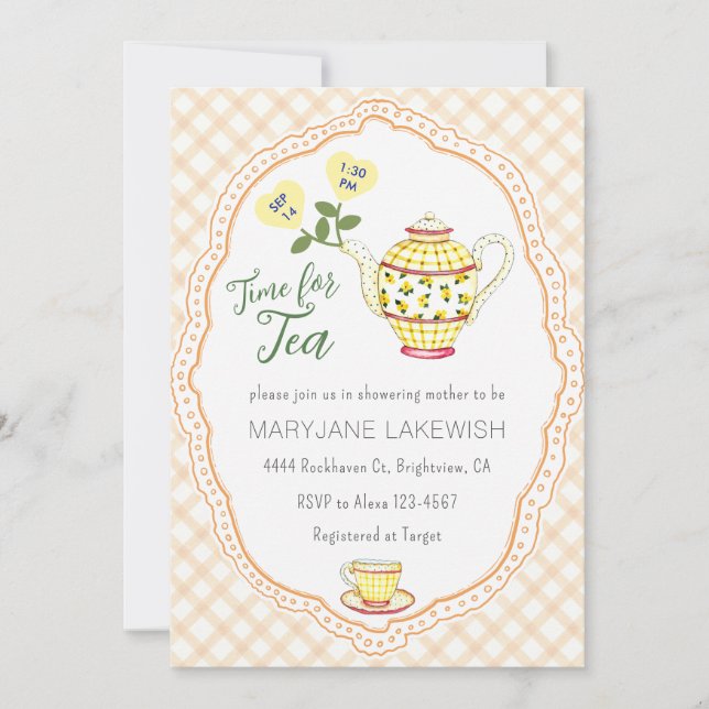 012 Copper Cute Gingham Tea Party Baby Shower Invitation (Front)