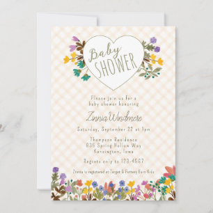 012 Copper Gingham Garden Heart Floral Baby Shower Invitation