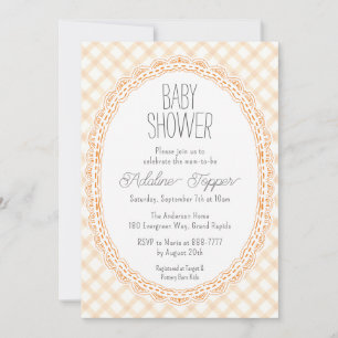 012 Copper Vintage Lace Frame Gingham Baby Shower Invitation